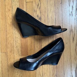 Franco Sarto Black Leather Open-toe Wedge Heels, size 9
